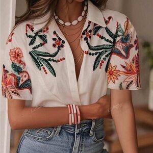 Cream Button Down Shirt with Notched Collar and Floral Design